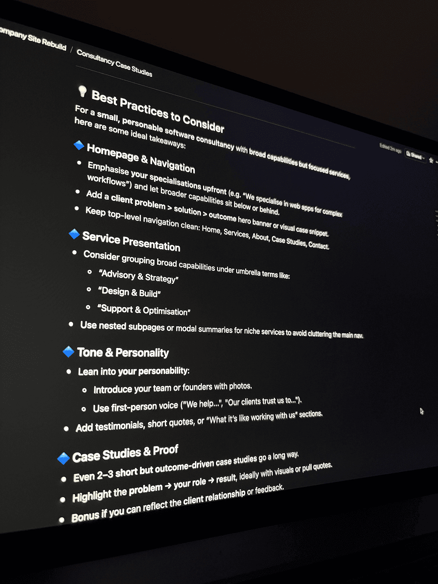 Screenshot from competitive analysis notes showing highlighting patterns across consultancy websites