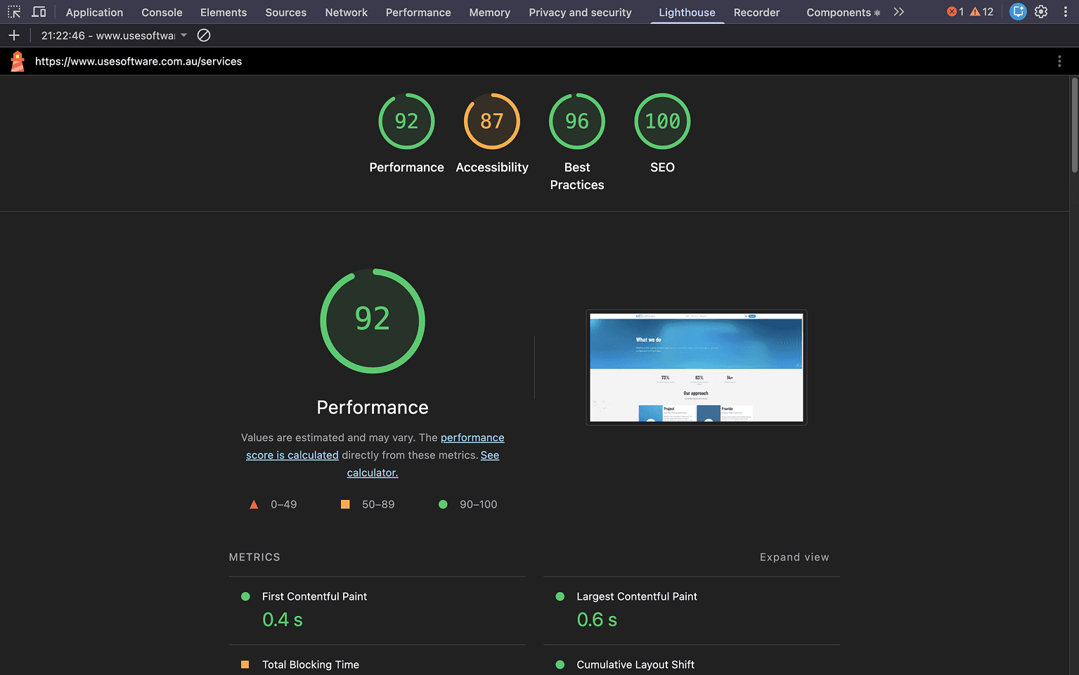 Lighthouse audit report showing all green scores above 95 for Performance, Accessibility, SEO, and Best Practices